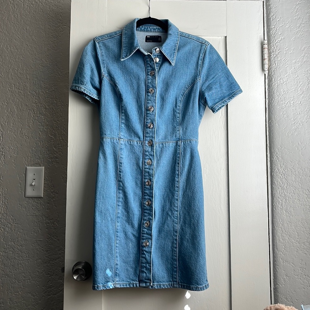 ASOS Design Women Denim Button Down Short Sleeve Dress Size 8 Tall